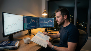 A thoughtful retail trader reviews his handwritten trading journal late at night in front of a three-monitor setup displaying financial charts, with books on trading psychology visible on the desk.