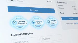 Close-up of an e-commerce checkout page highlighting trust badges like money-back guarantee, SSL security, and verified support