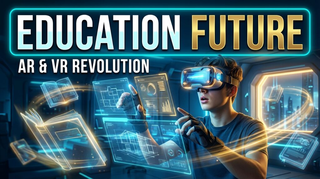 Student interacting with AR and VR futuristic learning tools in a high-tech study environment