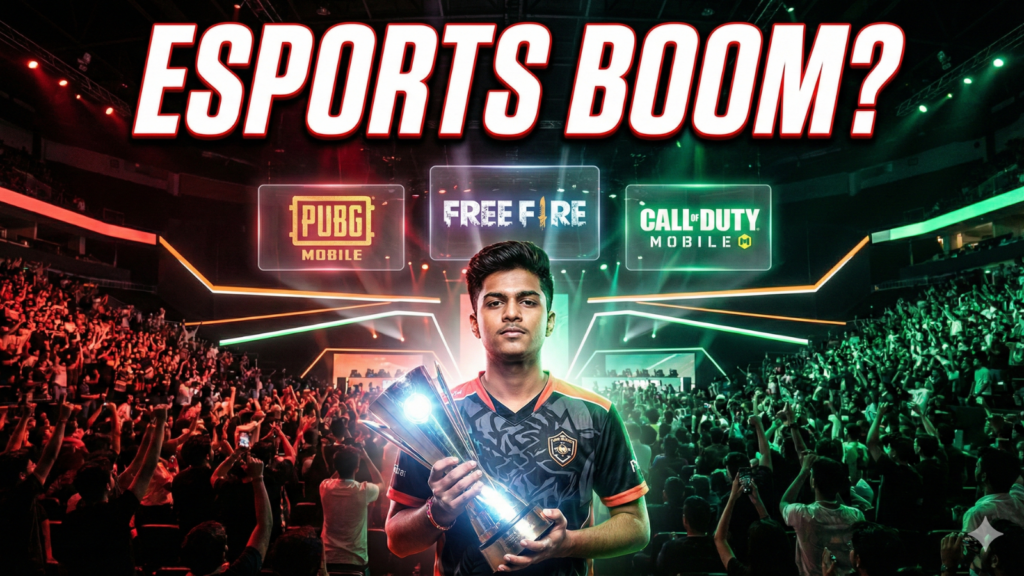 Esports YouTube thumbnail featuring an Indian gamer with a trophy in front of a cheering crowd and logos for PUBG Mobile, Free Fire, and Call of Duty Mobile. Large white text at the top reads "ESPORTS BOOM?". The colors are red, black, and green with high contrast lighting.