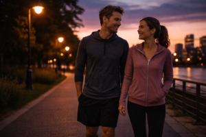 Couple enjoying a relaxing evening walk on a well-lit urban path at sunset, highlighting the benefits of unwinding and bonding through evening walks.