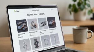 Minimalist Shopify store selling digital 3D assets, representing a faceless online business model run by a solo entrepreneur in 2026