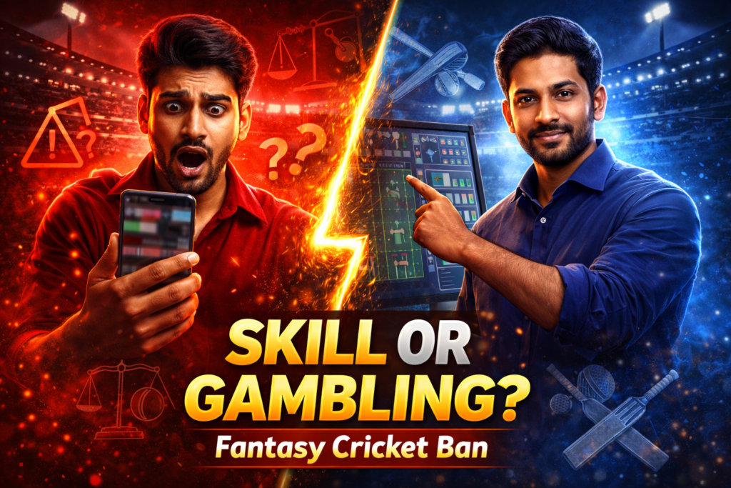 Split-screen YouTube thumbnail showing fantasy cricket ban debate in India with a shocked user on one side and a confident analyst holding a cricket bat on the other