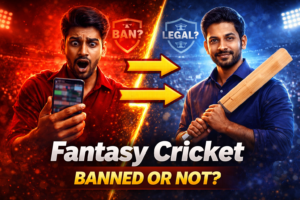 Split-screen YouTube thumbnail showing fantasy cricket ban debate in India with a shocked user on one side and a confident analyst holding a cricket bat on the other in a stadium setting