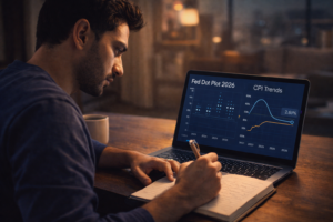 Man analyzing Fed Dot Plot 2026 and CPI trends on a laptop while taking notes late at night, representing deep financial analysis and economic research