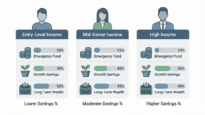 A clean, modern financial infographic illustrating savings strategies for three income levels (Entry-Level, Mid-Career, High Income) with different percentage allocations for Emergency Fund, Growth Savings, and Long-Term Wealth goals, using a flat yet realistic design style with professional icons.