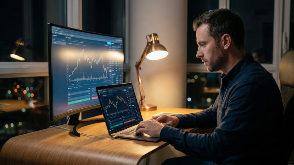 A focused retail forex trader analyzes market charts on a laptop late at night in a calm, modern workspace with realistic professional lighting.