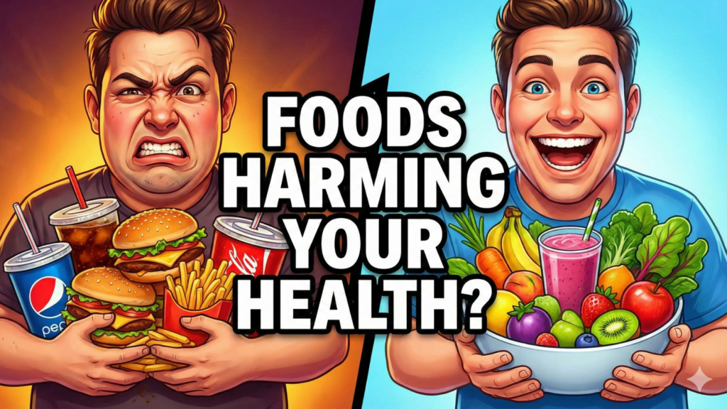 A split-screen YouTube thumbnail illustration comparing unhealthy and healthy eating. On the left, a person with an angry expression holds burgers and soda. On the right, a person with a happy expression holds a bowl of fruits and vegetables. The text "FOODS HARMING YOUR HEALTH?" is centered.