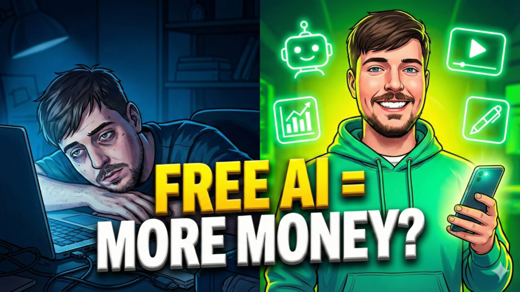 A split-screen YouTube thumbnail illustration comparing an exhausted content creator at a laptop in blue light on the left with a smiling, successful creator using AI tools on a smartphone in green light on the right. Glowing icons of a robot, video play button, chart, and pen surround the happy creator. Large text across the center reads: "FREE AI = MORE MONEY?".