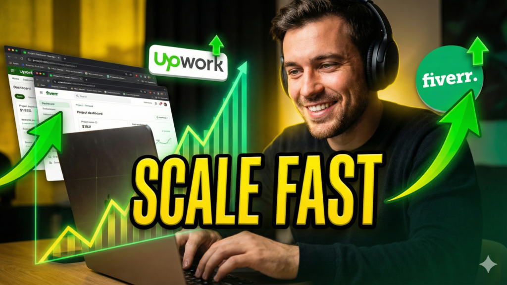 A YouTube thumbnail featuring a smiling male freelancer with headphones working on a laptop. The Upwork and Fiverr logos are visible with green upward-trending graphs. Large yellow text in the foreground reads "SCALE FAST".