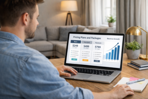 Freelancer reviewing pricing plans and client packages on a laptop with revenue growth charts in a modern workspace, showing freelance business growth strategy.