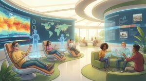 Classroom of 2030 with AI, AR, and collaborative digital learning environments.