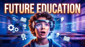 Young student wearing AI headset exploring gamification and futuristic learning tools in modern education