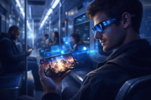 Realistic illustration of a male gamer in a modern subway holding a futuristic smartphone and wearing AR glasses with blue holographic interfaces, playing a sci-fi mobile game in a confident urban 2026 setting.