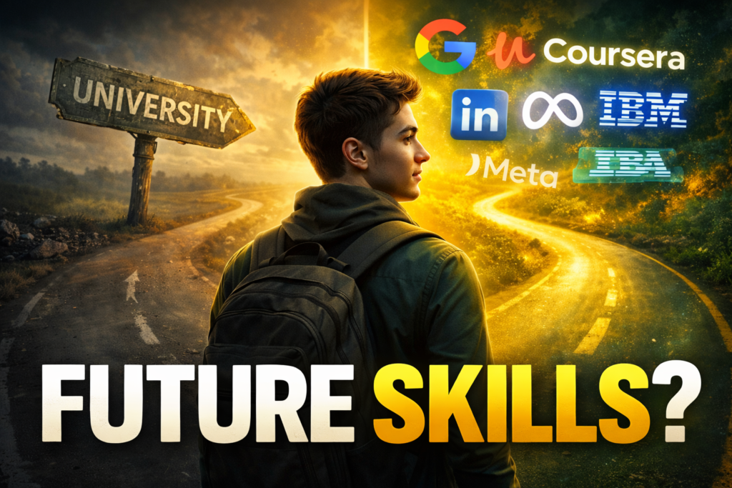 Student standing at a crossroads choosing between traditional university education and online learning platforms like Google, Udemy, Coursera, LinkedIn, Meta, and IBM, highlighting future skills and career growth
