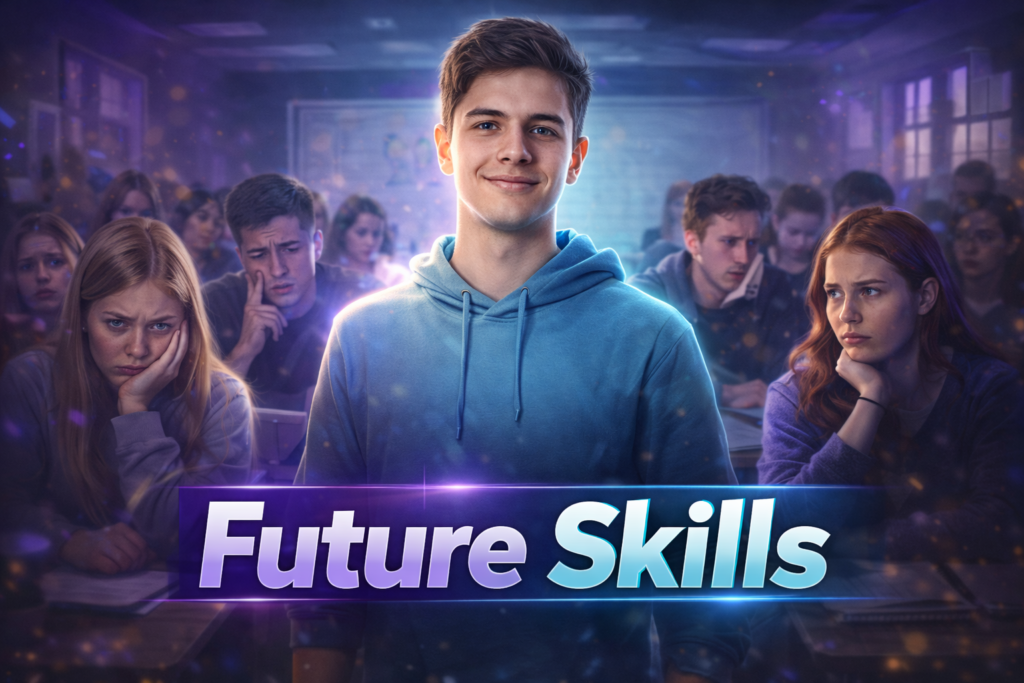 YouTube thumbnail featuring a confident student standing out in a classroom while others appear worried, symbolizing future skills, modern education, and gaining a competitive edge.