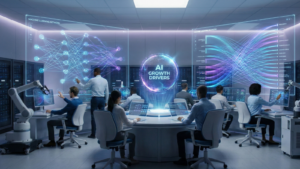 A wide-angle photograph of a futuristic data control room. A diverse team of professionals sits at workstations with large, transparent holographic screens displaying complex data visualizations and machine learning network graphs. A central, glowing sphere with the text "AI GROWTH DRIVERS" is prominently displayed. The room is equipped with server racks and robotic arms.