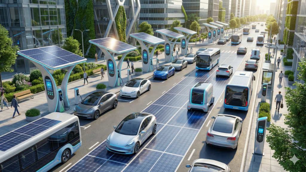 A wide-angle landscape photograph of a futuristic city street bustling with electric vehicles, including cars, buses, and autonomous pods. Several EVs are parked under large, solar-powered charging station canopies, while others drive on a road embedded with photovoltaic solar panels. Pedestrians walk on sidewalks flanked by modern buildings featuring vertical gardens and glass facades under a bright sun.