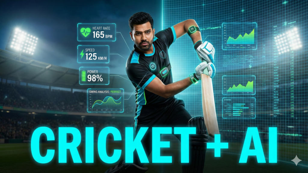 A futuristic YouTube thumbnail featuring a cricket player equipped with smart wearables and holographic data overlays showing performance stats like heart rate and speed. The background is split between a realistic stadium and a digital cyber-grid, utilizing a cyan and neon green color scheme. Bold text overlay at the bottom reads "CRICKET + AI."