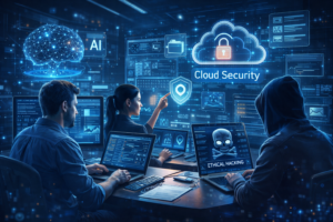 Futuristic cybersecurity lab with professionals using AI, cloud security, and ethical hacking tools on laptops and holographic displays, monitoring code and system vulnerabilities.