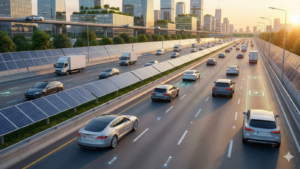 A wide-angle landscape photograph of a futuristic multi-lane highway filled with electric vehicles, including cars and trucks, driving towards a smart city skyline at sunset. Solar panels line the median, and lanes have glowing wireless charging indicators.
