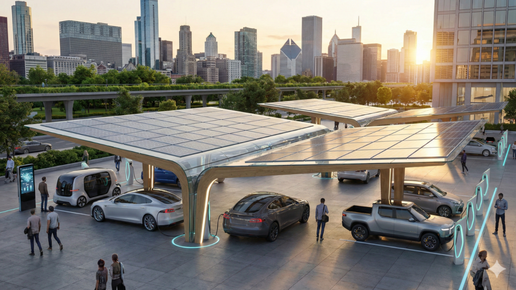 A futuristic, solar-powered EV charging hub with large wood and glass canopies in a bustling urban city plaza at sunset. Several electric vehicles, including a Tesla Model S and a Rivian R1T, are plugged into modern charging dispensers under the solar panels, while people walk around. The downtown Chicago skyline is visible in the background.
