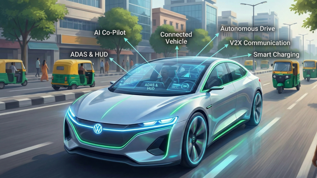 Futuristic Volkswagen electric vehicle driving on a busy Indian city road alongside auto-rickshaws. An illustration highlights future mobility technologies with text labels pointing to the car, including AI Co-Pilot, ADAS & HUD, Connected Vehicle, Autonomous Drive, V2X Communication, and Smart Charging.