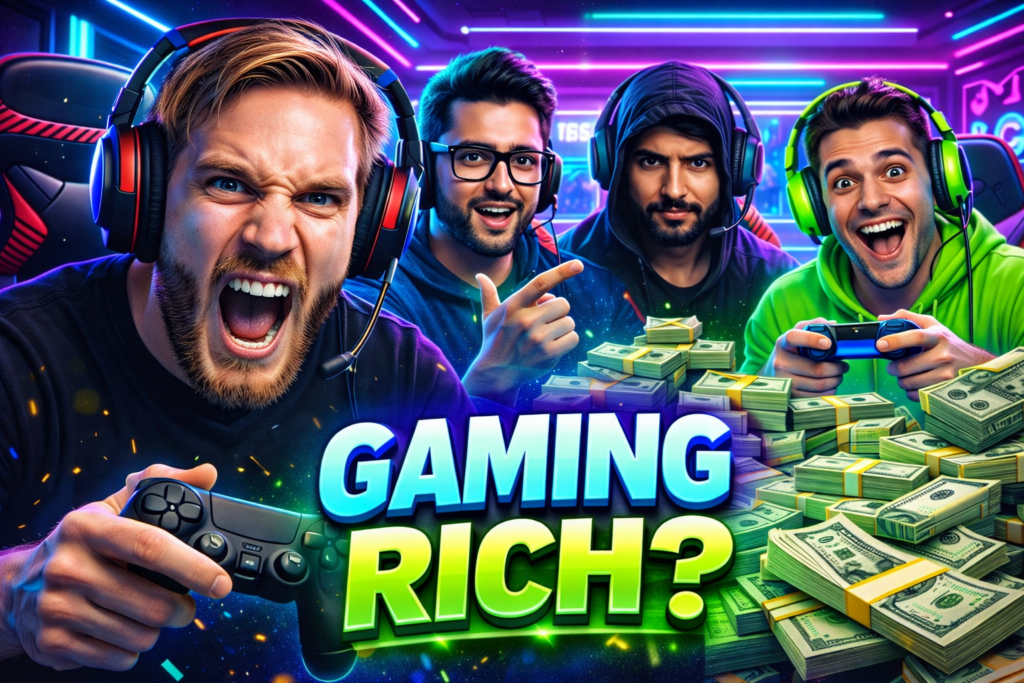 High-energy gaming YouTube thumbnail with five gamers in a neon-lit room, including one holding cash with an excited expression, and bold text "GAMING RICH?".