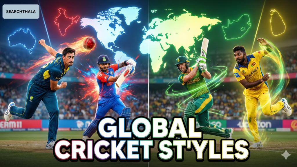 A dynamic split-screen YouTube thumbnail comparing different international cricket styles. The image features multiple realistic players from various countries demonstrating distinct skills like fast bowling, aggressive batting, and technical defense. A subtly glowing world map serves as the background with color-coded zones in blue, red, green, and yellow. Bold text overlay reads "GLOBAL CRICKET STYLES."