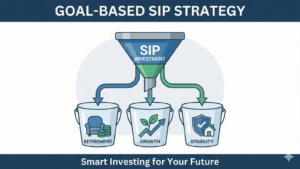 An infographic titled "GOAL-BASED SIP STRATEGY" illustrates a blue and green funnel labeled "SIP INVESTMENT" distributing funds through three arrows into separate buckets. The left bucket is labeled "RETIREMENT" and contains an icon of an armchair with stacked coins. The middle bucket is labeled "GROWTH" with an icon of a sprouting plant and an upward-trending arrow. The right bucket is labeled "STABILITY" with an icon of a shield and a house. Below the buckets, the text reads, "Smart Investing for Your Future". The overall design is clean and professional on a white background.