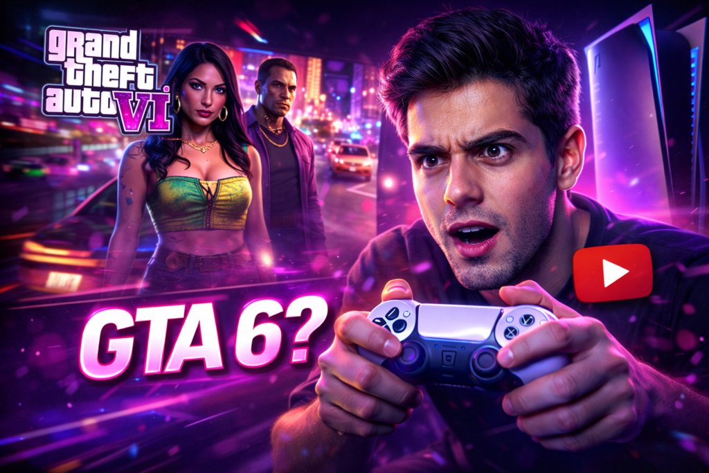 Intense gamer holding a PS5 controller reacting to GTA 6 gameplay with neon lighting, GTA 6 logo, and main characters in a cinematic YouTube thumbnail.