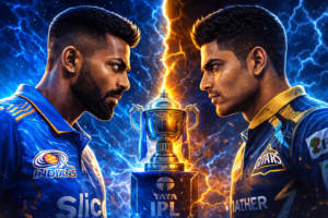 Hardik Pandya of Mumbai Indians facing off against Shubman Gill of Gujarat Titans with glowing IPL 2026 trophy in the center