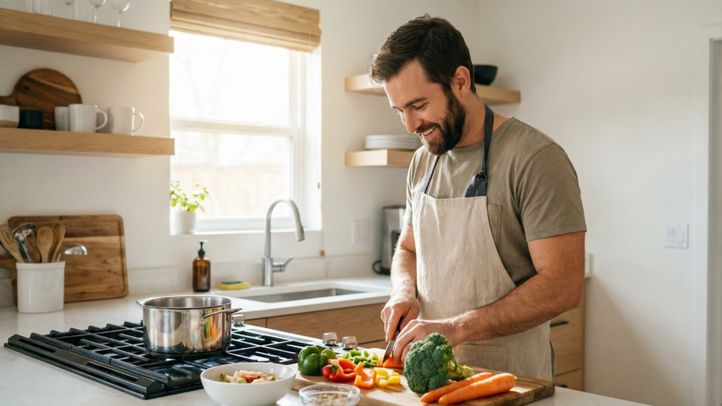 A smiling man with a beard wearing a beige apron chops fresh bell peppers and broccoli on a wooden cutting board in a bright, sunlit kitchen with a pot on the stove.