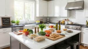 A brightly lit modern kitchen with a large central island displaying a healthy meal prep. Glass containers are filled with fresh vegetables like bell peppers, carrots, and spinach, alongside cooked grains such as quinoa and rice, and grilled chicken. A chalkboard sign on the counter reads "Meal Prep Sunday! #CleanEating".