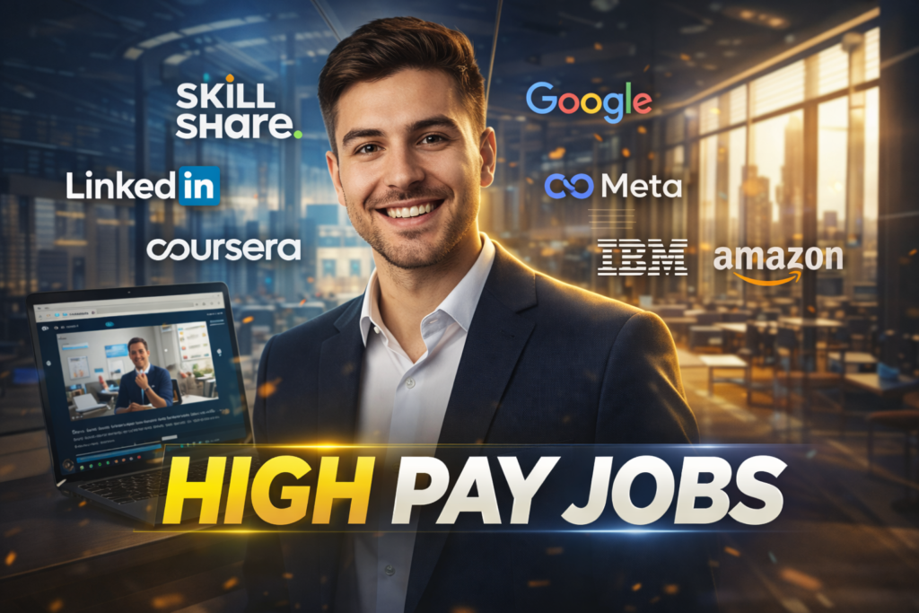 YouTube thumbnail showing a confident young professional with online learning and corporate office background, featuring Skillshare, LinkedIn, Coursera, Google, Meta, IBM, and Amazon logos, representing high pay jobs and career growth through online courses.