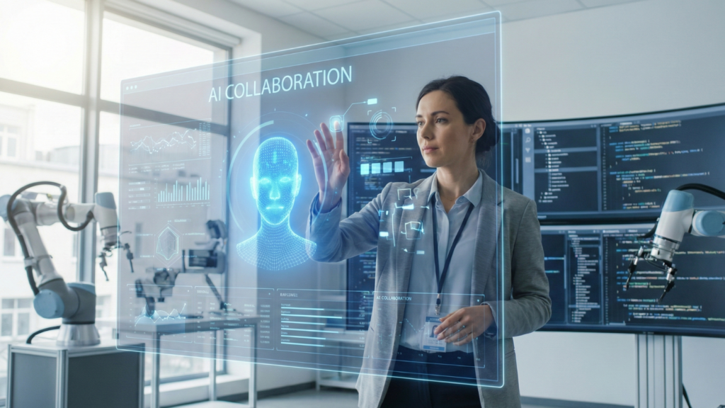 A female professional in a modern laboratory interacts with a transparent holographic augmented reality display. The screen prominently shows "AI COLLABORATION" text alongside a digital human head model and data analytics charts. Industrial robot arms and large monitors displaying code are visible in the sunlit background.