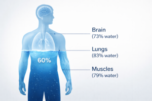 Medical-style illustration showing a transparent human body with 60 percent water content, highlighting brain, lungs, and muscles to explain why hydration is essential for the body.