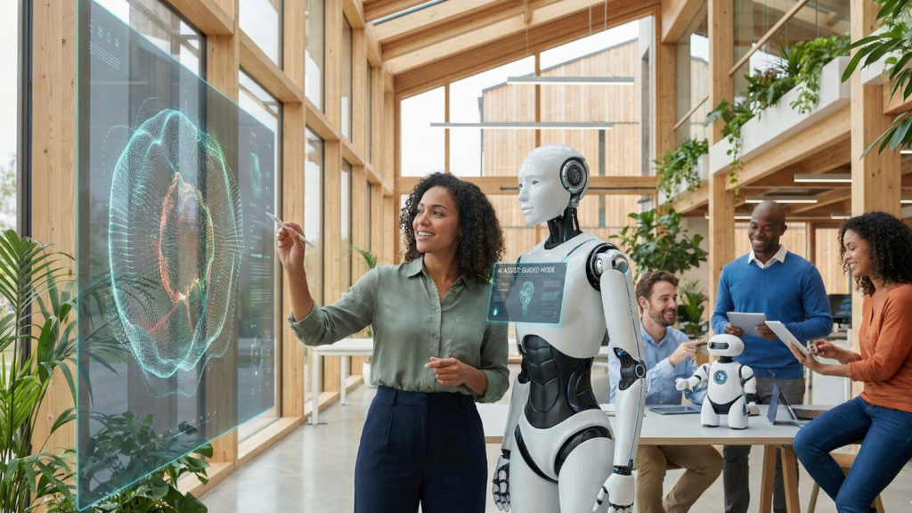 A diverse team of professionals and a humanoid robot collaborate in a modern, sunlit office, with a woman interacting with a large transparent screen displaying complex data visualizations.
