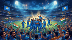 A vibrant illustration showing the Indian national cricket team in blue jerseys celebrating their victory in a packed stadium under floodlights during the ICC Men's T20 World Cup India & Sri Lanka 2026 tournament, surrounded by cheering fans waving flags and fireworks erupting in the background.