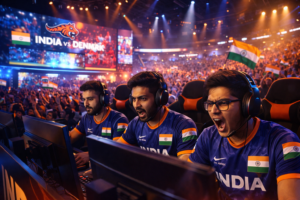 Realistic depiction of Indian esports players competing in an international tournament, wearing team jerseys, focused on screens, with cheering fans, large LED screens, and cinematic stadium lighting