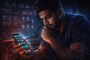 Indian cricket fan analyzing a fantasy cricket team late at night on a glowing mobile phone with stats overlay and intense focus