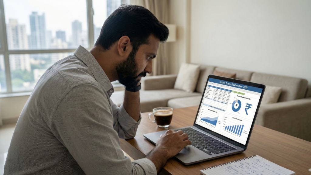 A focused Indian man in a grey shirt sits at a wooden desk in a modern apartment, reviewing a monthly budget and salary plan spreadsheet with charts on a laptop. He has a coffee mug and an open notebook beside him, with a city skyline visible through a large window.