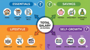 An infographic illustrating a salary budget breakdown in Indian Rupees, divided into four main categories: Essentials (Home, Grocery Cart, Utility Bills), Savings (Piggy Bank, Investment, Emergency Fund), Lifestyle (Dining Out 20%, Travel 20%, Entertainment 10%), and Self-Growth (Books 20%, Online Courses 10%, Wellness 10%).Arrows connect a central "Total Salary" circle to these four colored sections.