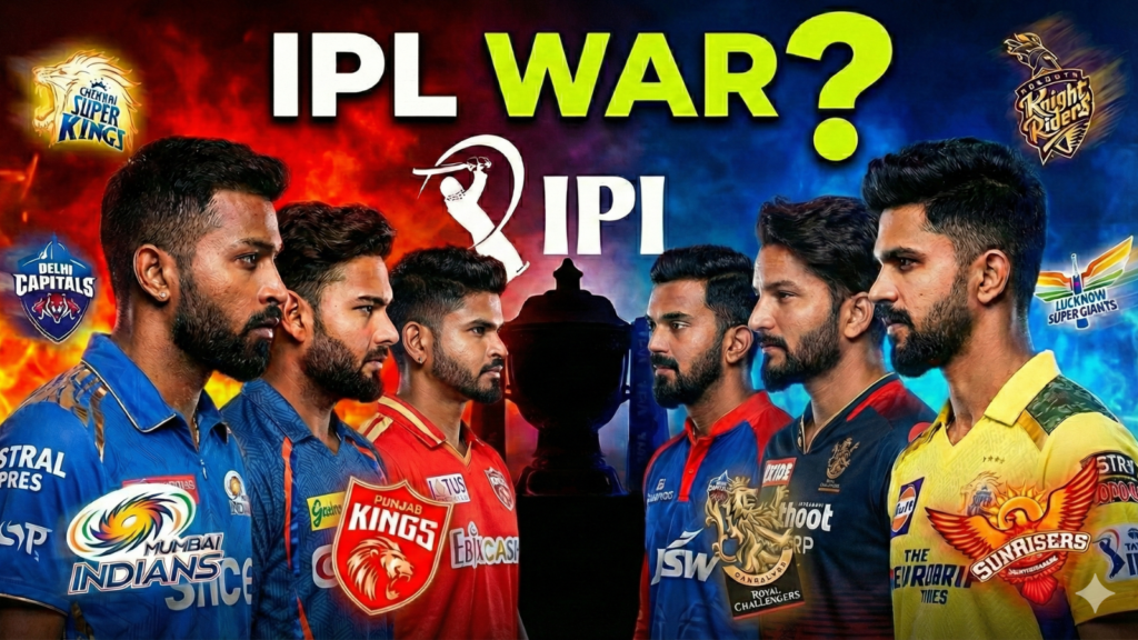 YouTube thumbnail titled "IPL WAR?" featuring six IPL cricket captains—Hardik Pandya (Mumbai Indians), Rishabh Pant (LSG), Shreyas Iyer (Punjab Kings), KL Rahul (Delhi Capitals), Rajat Patidar (Royal Challengers Bangalore), and Ruturaj Gaikwad (CSK)—standing face-to-face in an intense rivalry pose around the central IPL trophy. Various IPL team logos float against a contrasting fiery orange and cool blue background.