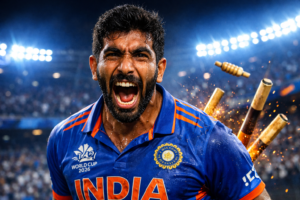 Jasprit Bumrah celebrating a wicket during ICC T20 World Cup 2026 in Team India jersey with shattered stumps and intense stadium lights