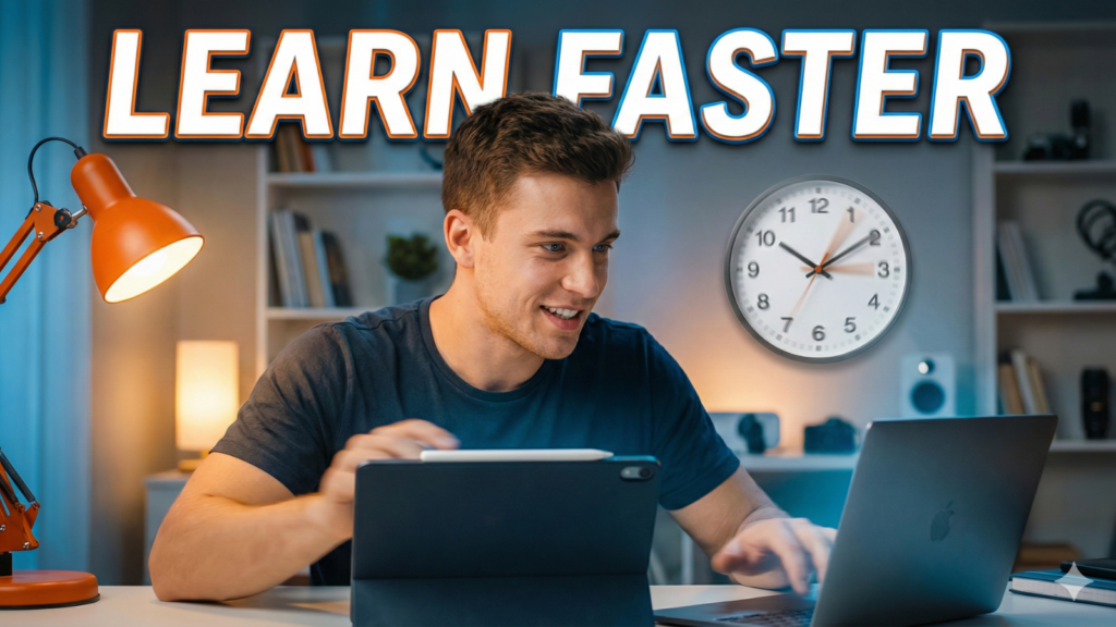 YouTube thumbnail showing a focused student using a tablet and laptop with speed and time visuals, representing how to learn faster with modern online study methods.