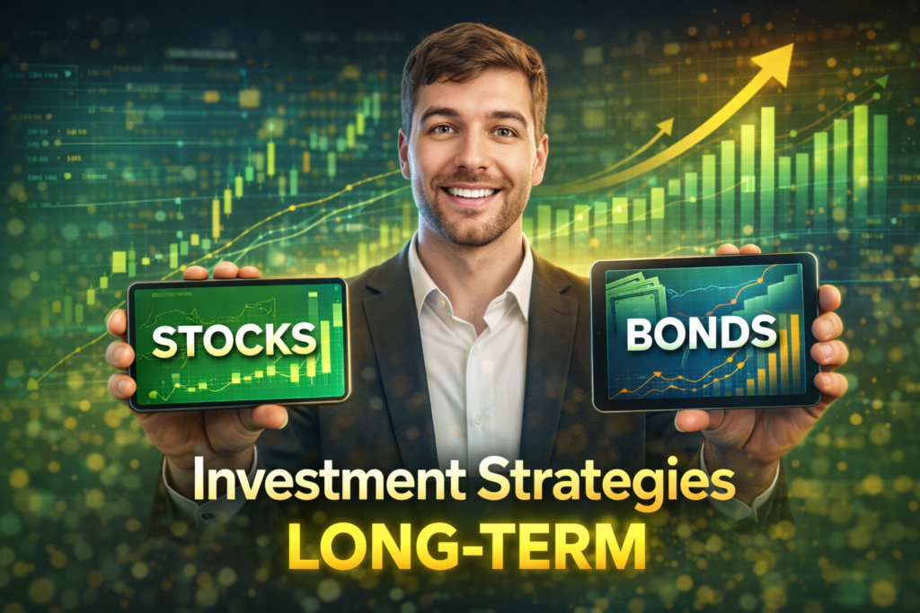 YouTube thumbnail showing a confident man with stock, bond, and mutual fund icons and upward charts, highlighting long-term investment strategies for wealth growth