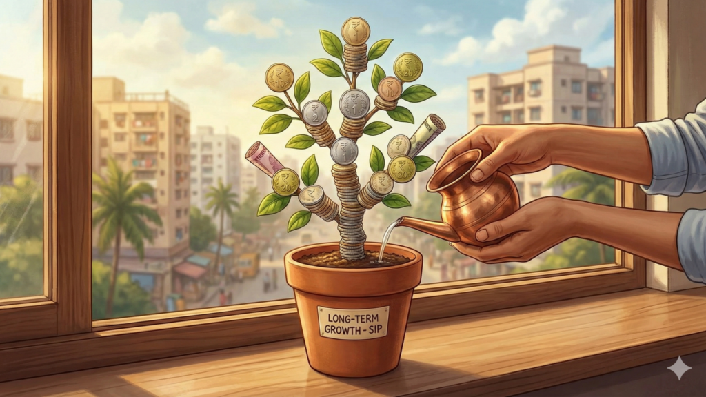 A realistic illustration shows a plant made of Indian coins and currency notes, with green leaves, growing in a terracotta pot labeled "LONG-TERM GROWTH - SIP". A pair of hands is watering the plant with a copper pot on a windowsill. In the background, there is a view of an Indian city under a sunny sky.