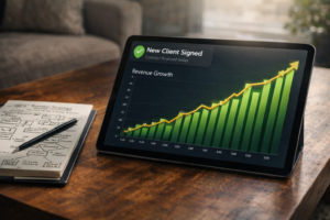 Close-up of a digital tablet showing rising revenue growth and a new client signed notification, representing low-cost business ideas and professional success.