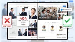 Split-screen comparison of a low-trust website versus a high-trust website showing verified badges, real users, and better UX